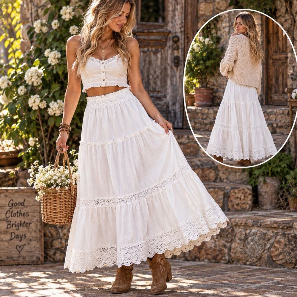 NWT Aerie Sz M White Maxi Skirt Cottagecore Prairie Boho Crochet Lace Peasant